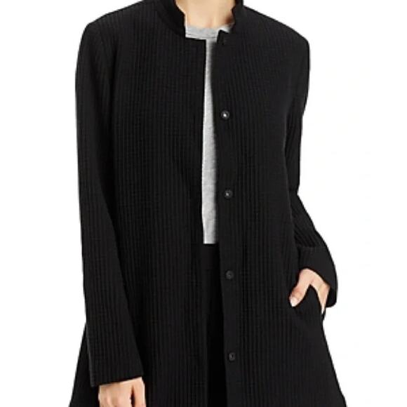 Eileen Fisher Waffle Knit Jacket Women XXS Black Organic Stand Collar Minimalist - Picture 1 of 9